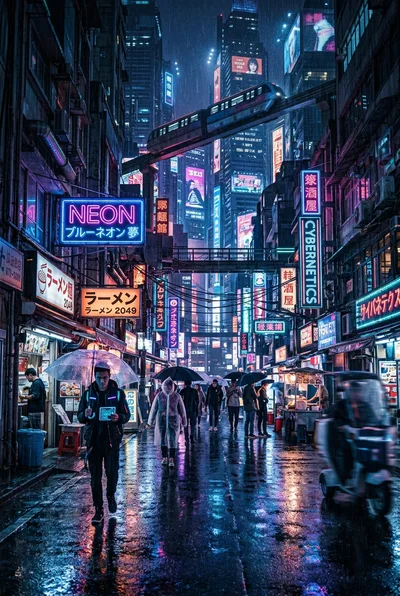Neon cyberpunk city street at night with rain reflections