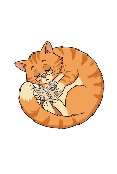 A sleepy orange cat curled up reading a tiny book, cute cartoon
