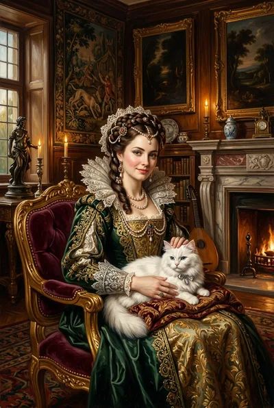Elegant lady with her white cat in baroque style, warm light