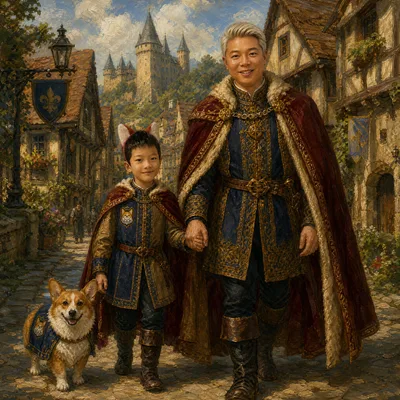 生成一张油画  欧洲中世纪贵族男人牵着小孩，小孩身高1.2米  男人身高1.86米，走在村庄小路上，参考附件中的两个人物面部特征，男人没带眼镜，The faces must be fully rendered in oil painting style with visible brushstrokes and painterly skin texture, NOT photorealistic