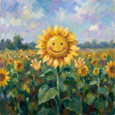 A cheerful sunflower character with a big smile, cute cartoon mascot