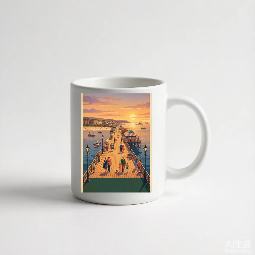 Old-fashioned seaside pier at golden hour, retro travel poster