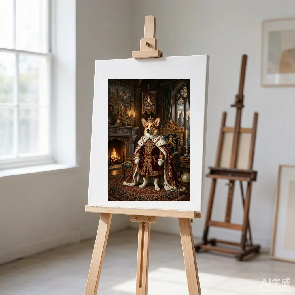 A noble corgi dressed as a royal duke, classical oil portrait