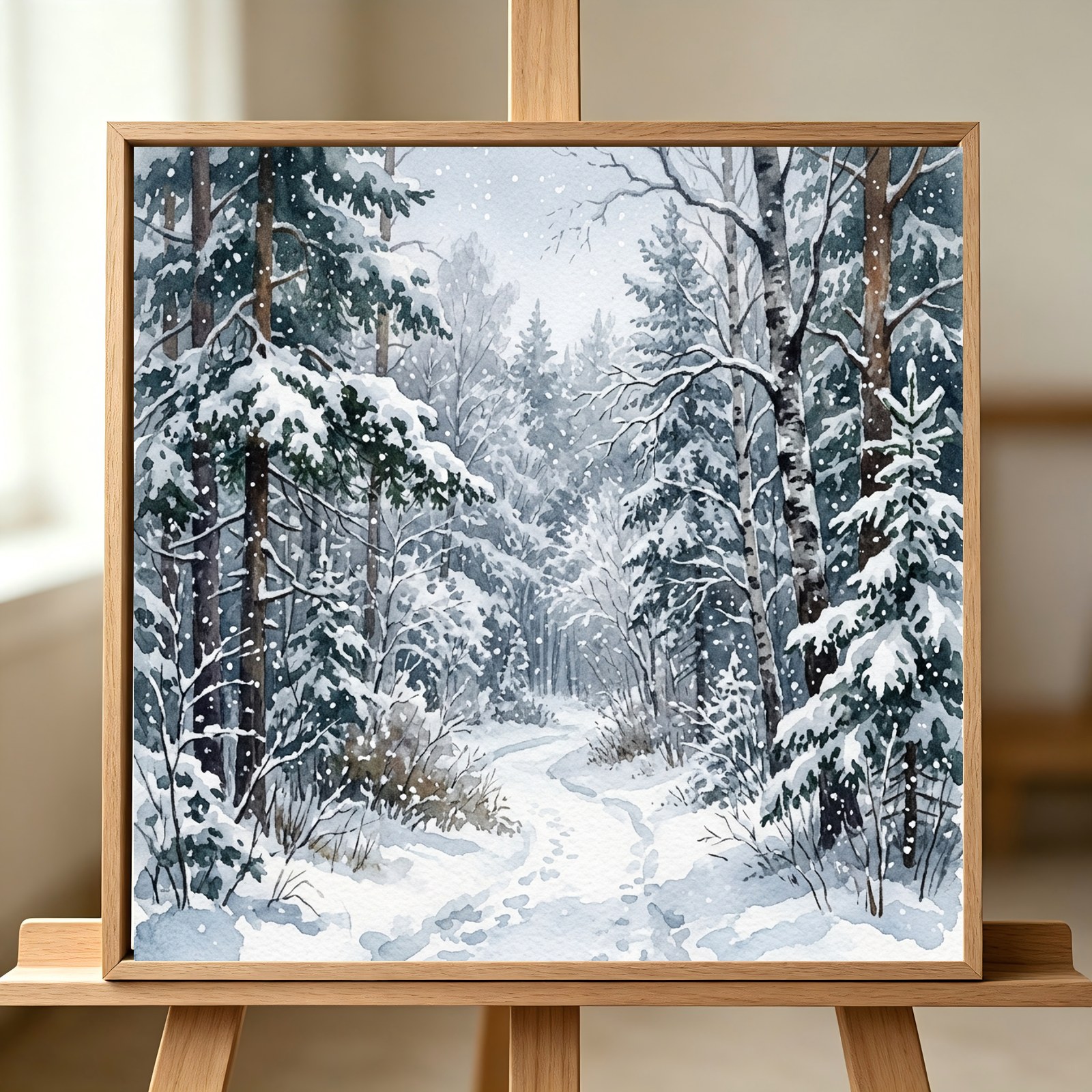 Quiet winter forest path with fresh gentle snowfall