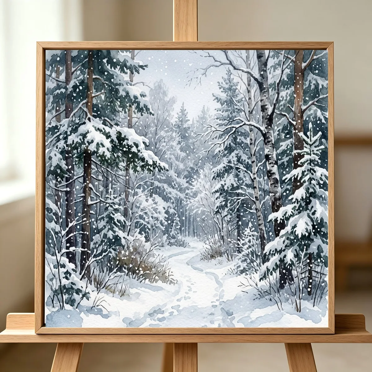 Quiet winter forest path with fresh gentle snowfall