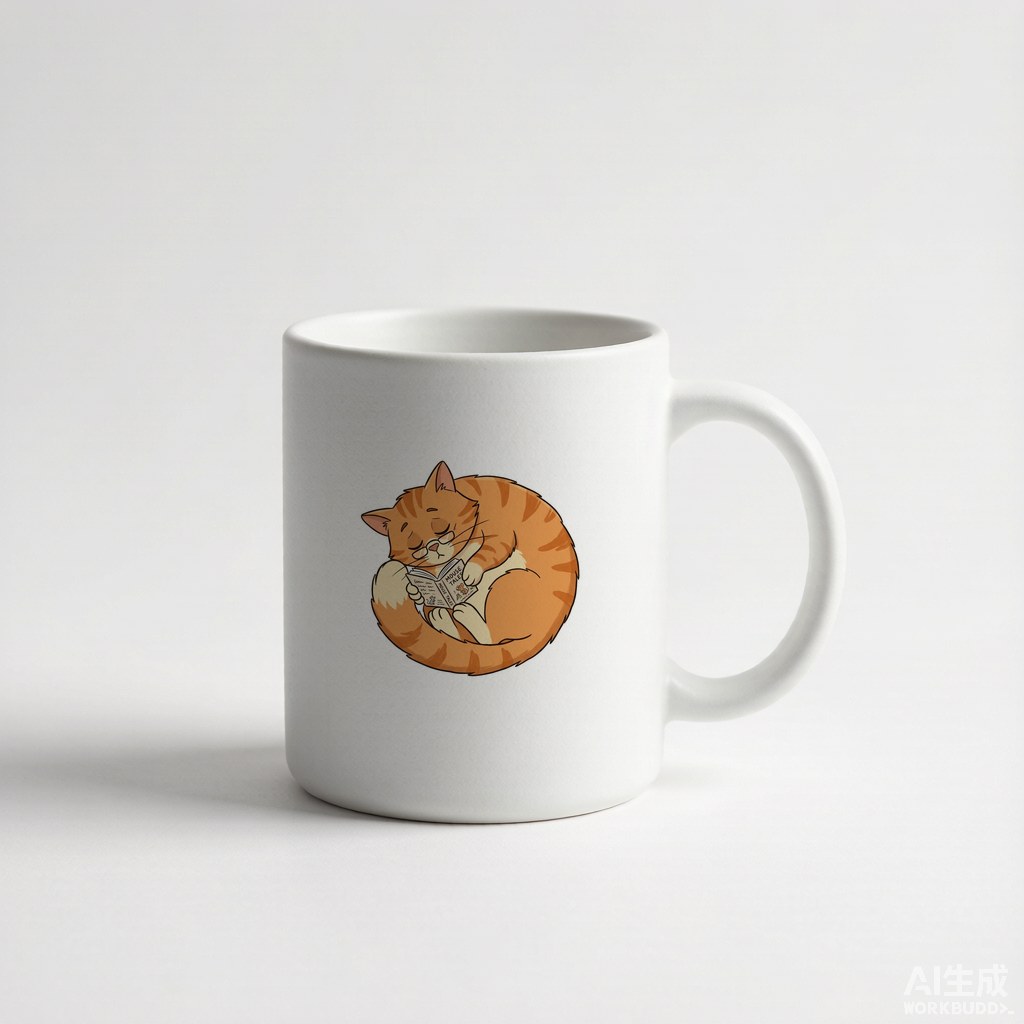 A sleepy orange cat curled up reading a tiny book, cute cartoon
