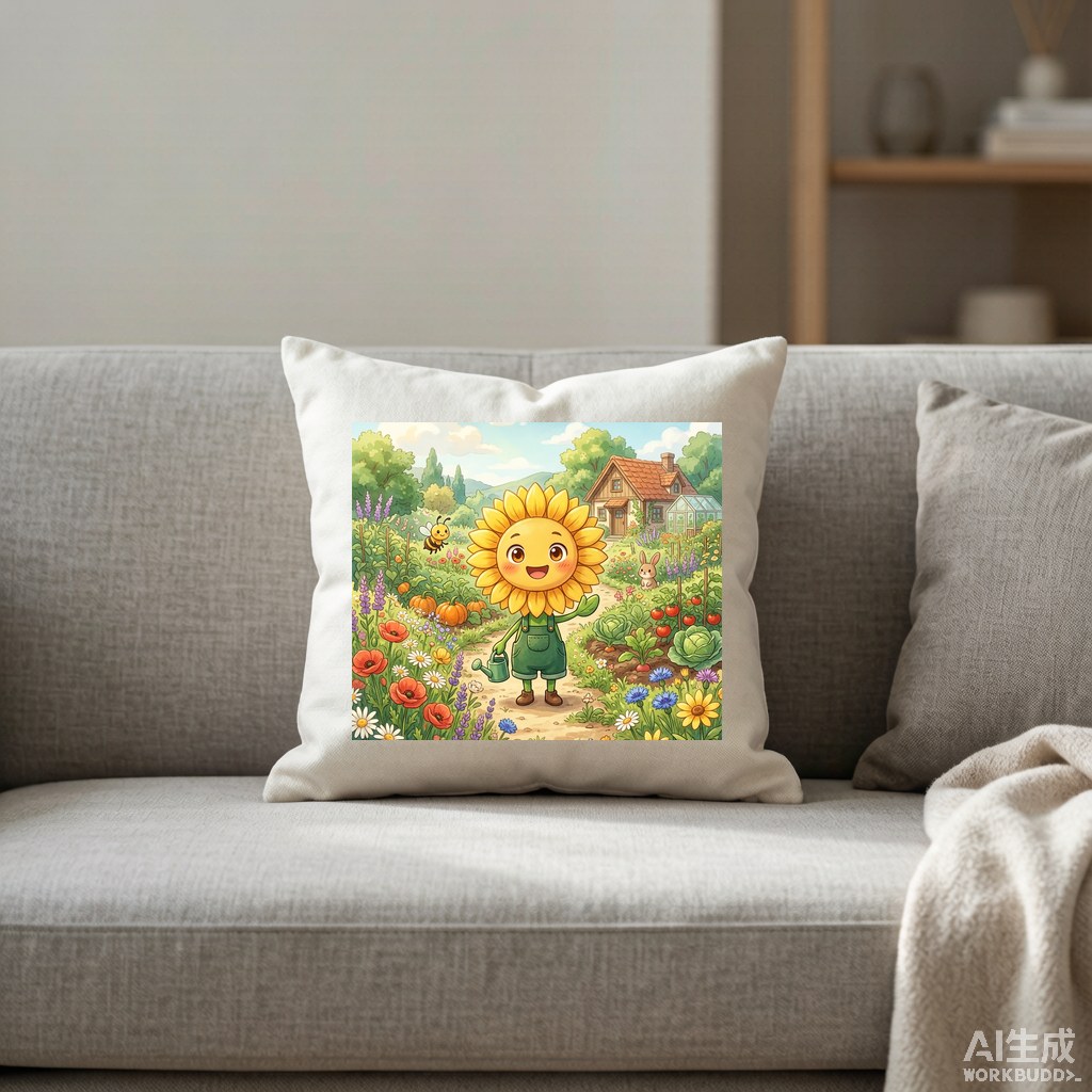 A cheerful sunflower character with a big smile, cute cartoon mascot