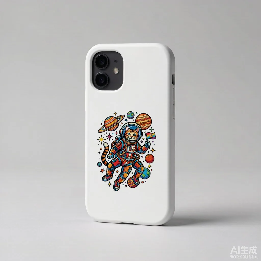 Astronaut cat floating among colorful planets and stars