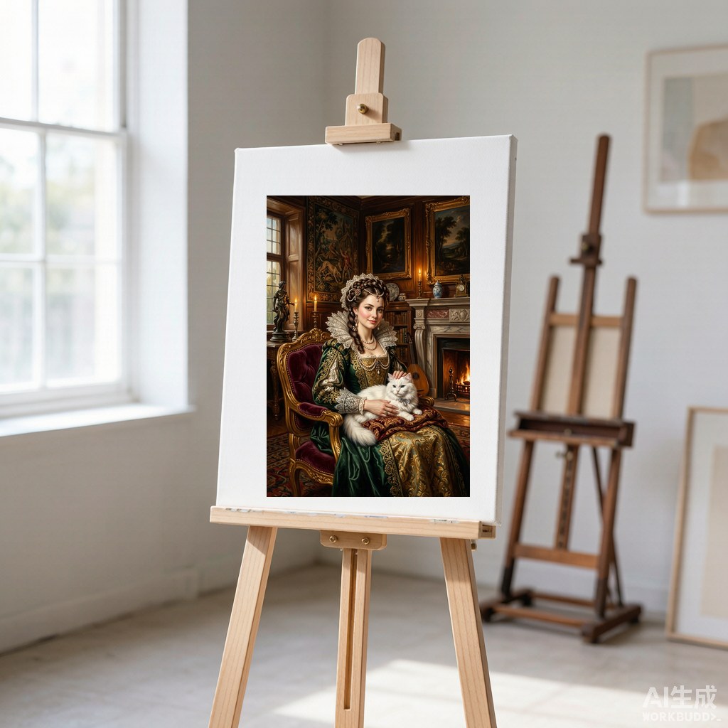 Elegant lady with her white cat in baroque style, warm light